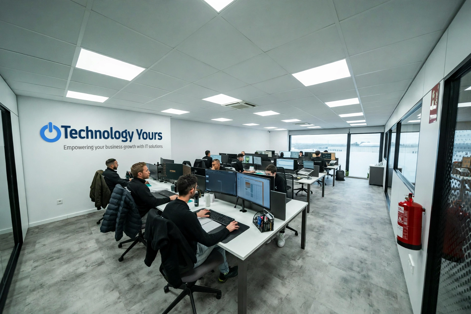Technology Yours office with the team working at their desks beneath the company logo